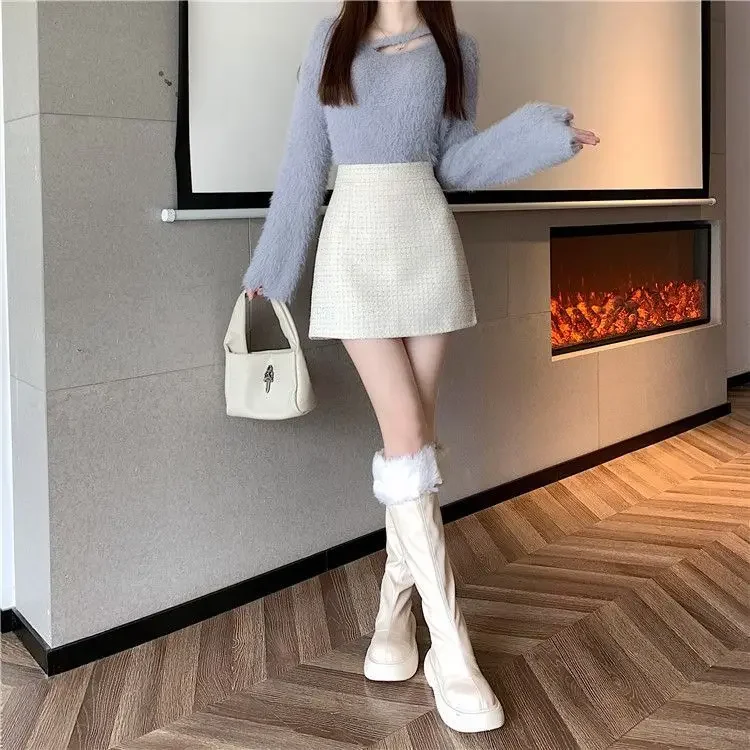 タイトスカート 上品ツイード素材台形ミニタイトスカート