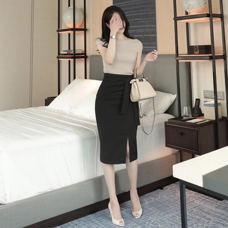 タイトスカート ウエストリボンサイドスリット入りひざ丈タイトスカート