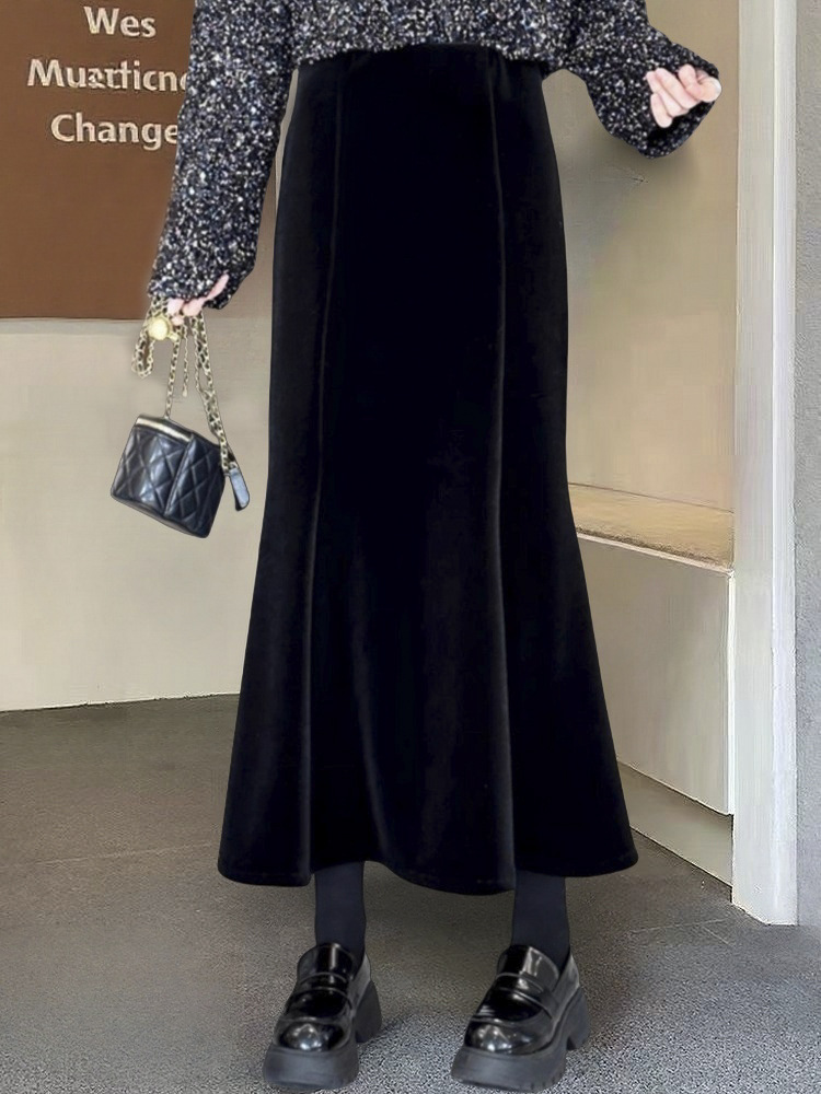 タイトスカート 裾フリルベロア素材のマーメイドタイトスカートロング