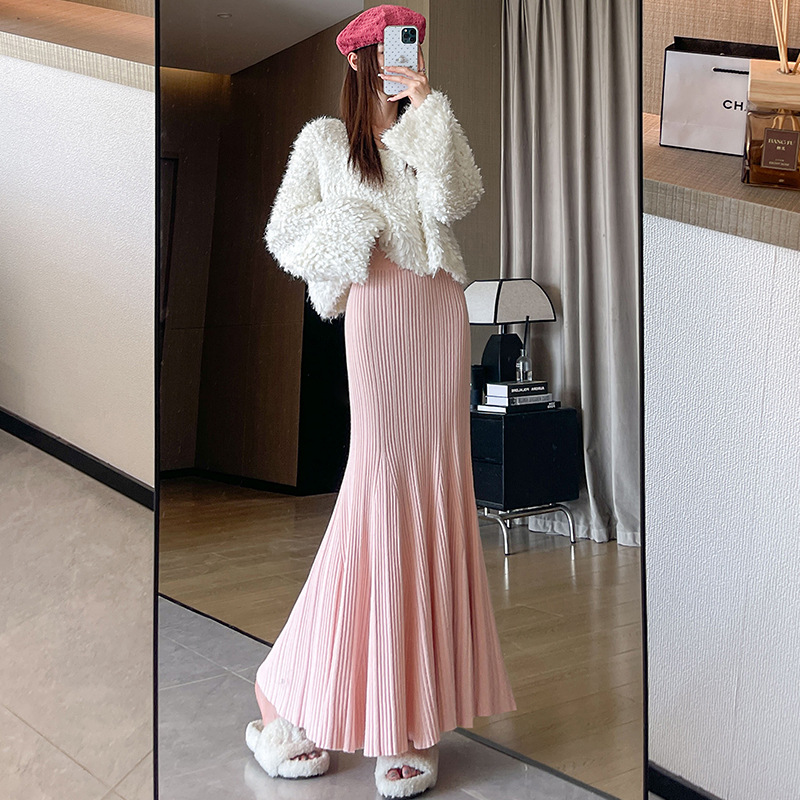 タイトスカート 細プリーツニットタイトスカートマキシ丈