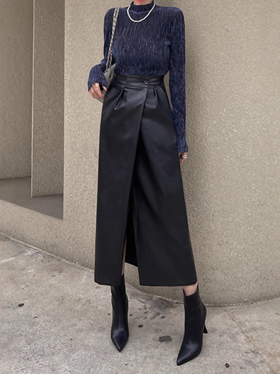 タイトスカート 合成皮革ラップ風タイトロングスカート