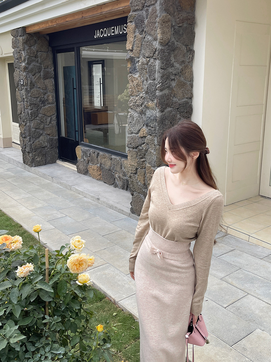 タイトスカート リボンベルト付きニットタイトスカートロング丈