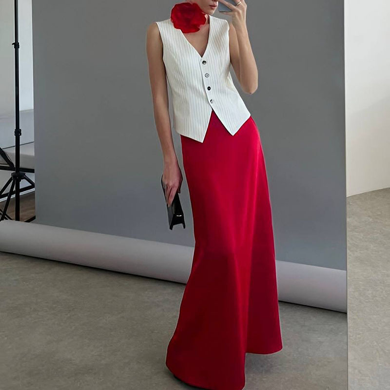 タイトスカート サテン光沢ハイウエストタイトマキシスカート