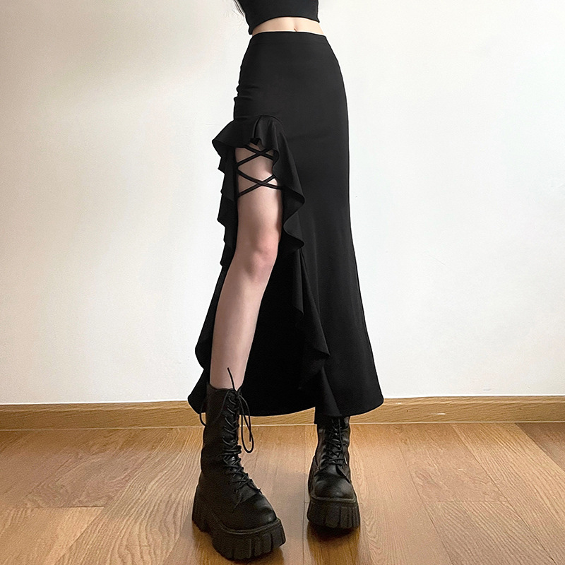 ハイウェスト ロング タイトスカート フリル スリット 黒