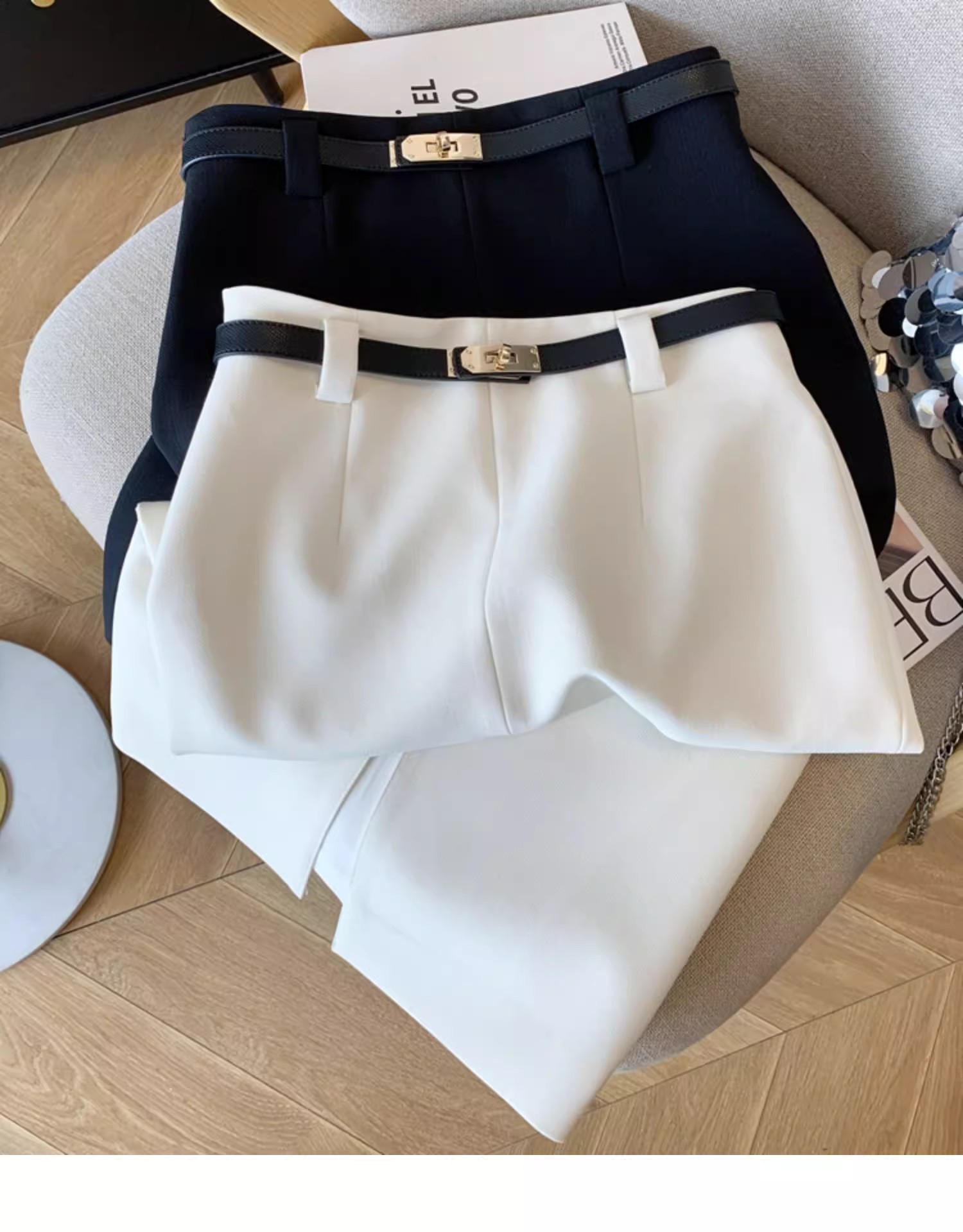 タイトスカート 金具ベルト付きラップ風前スリットタイトスカート