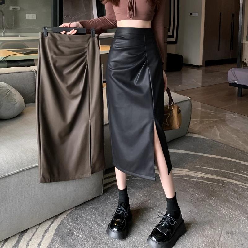 タイトスカート 合成皮革サイドスリット入りタイトスカートロング丈