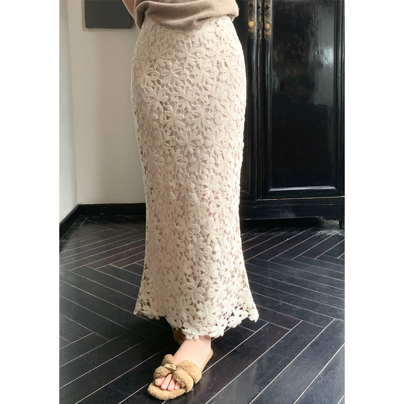 タイトスカート 総レース編み透かし模様マキシ丈タイトスカート