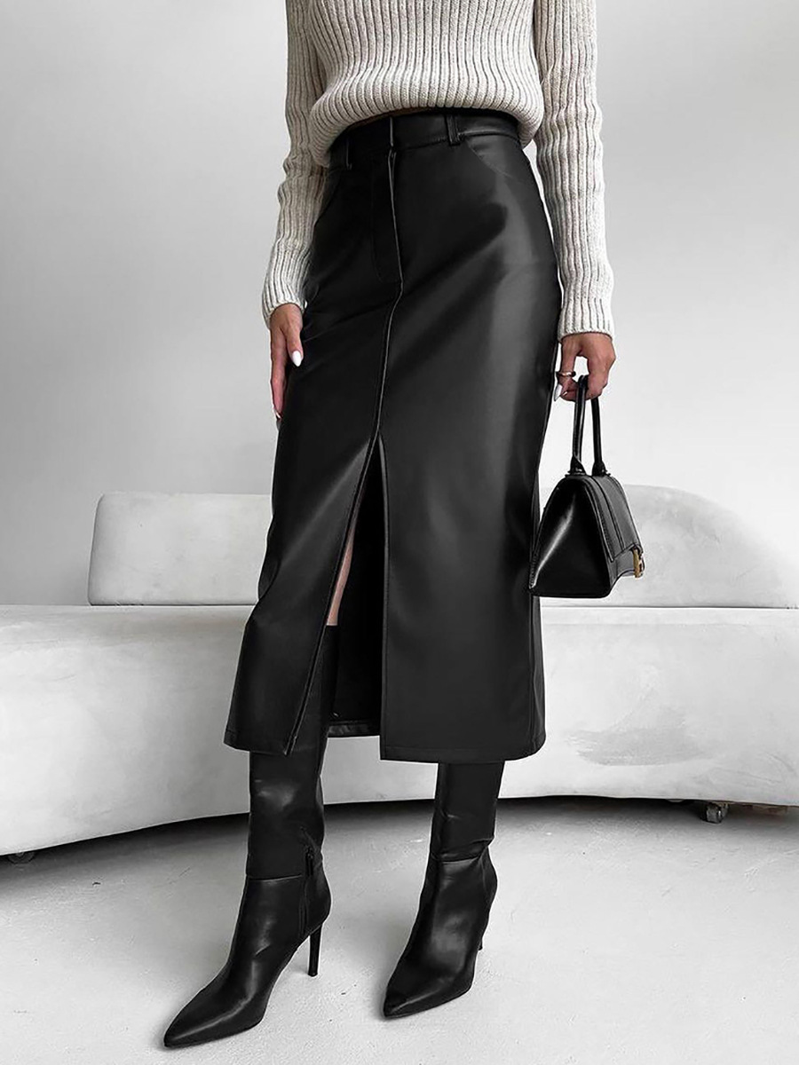 タイトスカート 合成皮革フロントスリット入りタイトスカートロング