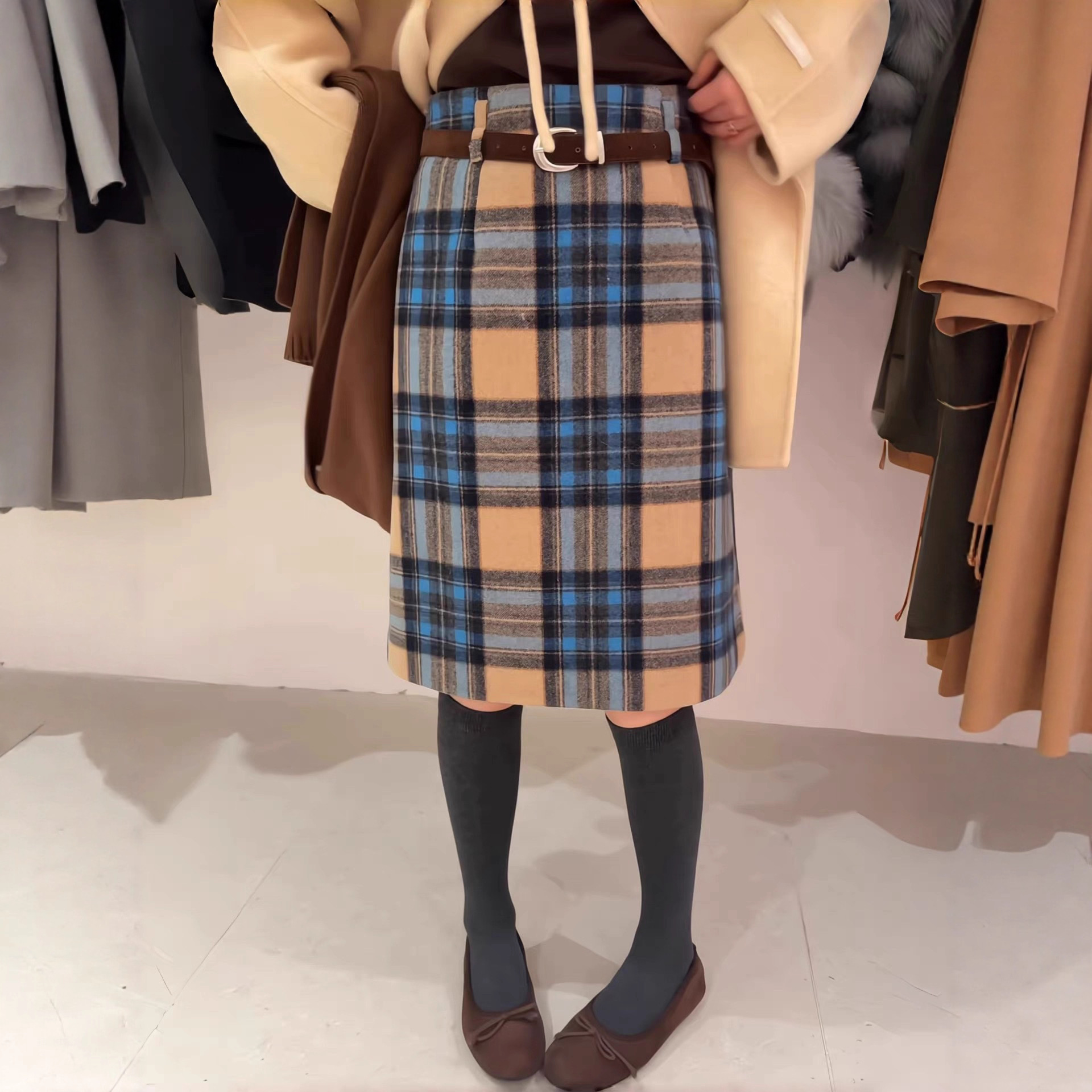 タイトスカート チェック柄ベルト付きタイトスカートひざ丈