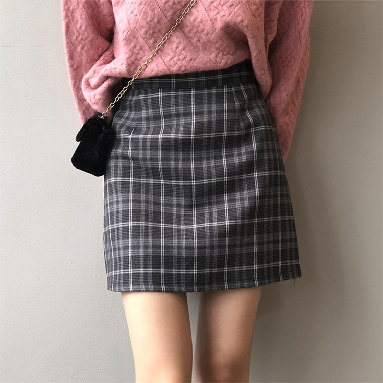 タイトスカート チェック柄ハイウエストミニスカート レトロ風タイトシルエット