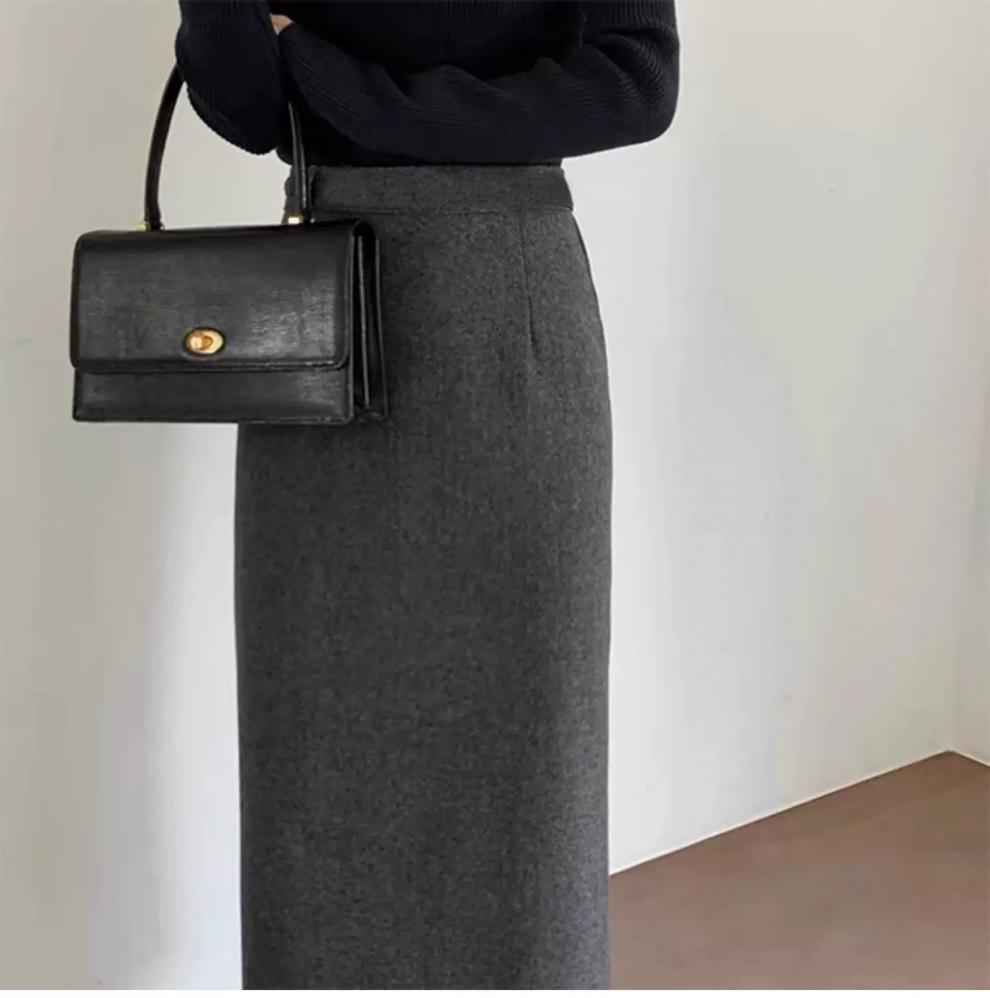 タイトスカート 上品な温かみのあるウール混ロングタイトスカート