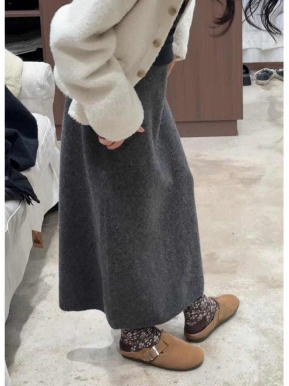 タイトスカート ウール混紡ニット素材ハイウエストロングスカート