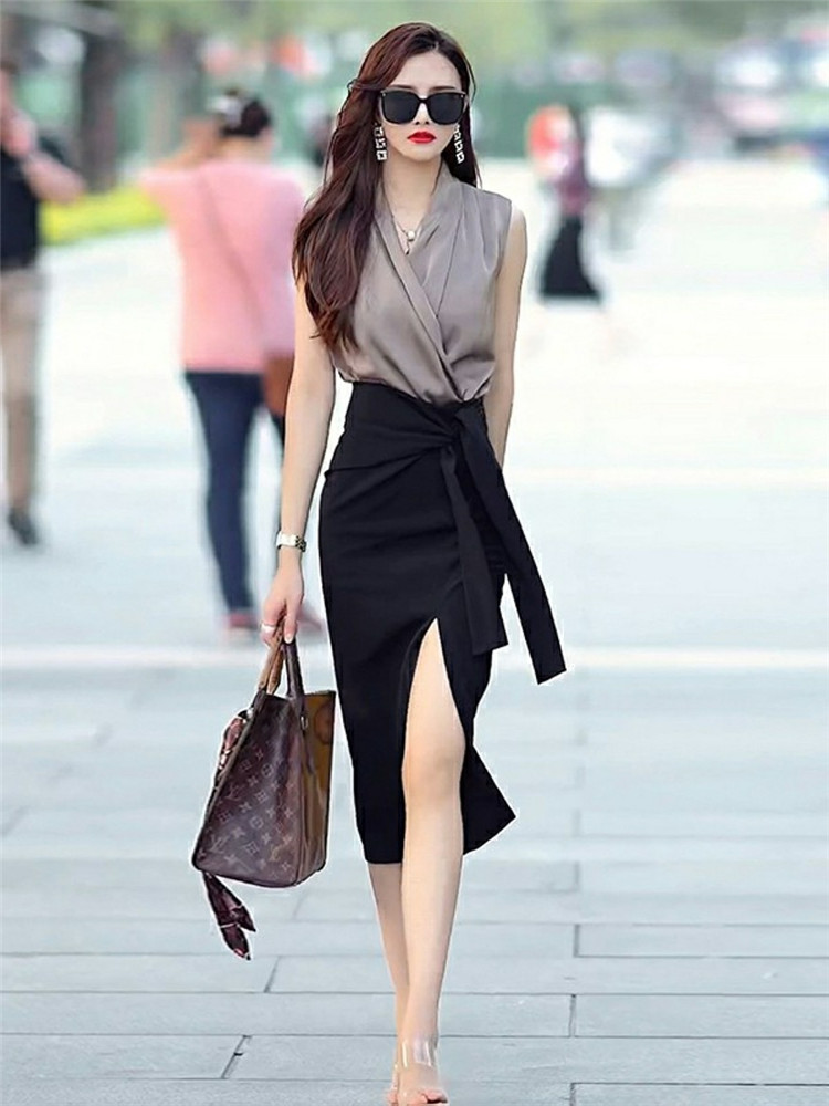 タイトスカート サイドリボン付きスリット入りタイトスカート