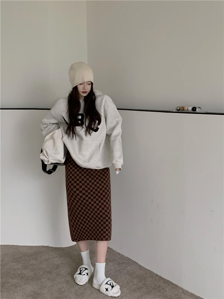 暖かい厚手市松模様ハイウエストロングタイトスカート