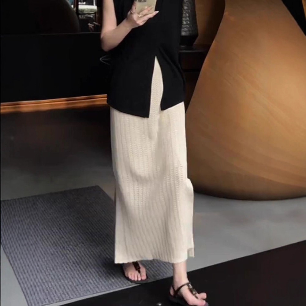 タイトスカート 透かし編みニットタイトスカートマキシ丈