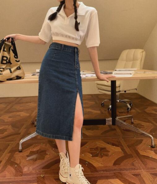 デニム ひざ丈 タイトスカート スリット入り