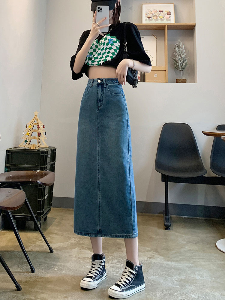 タイトスカート デニム素材サイドスリット入りロングタイトスカート