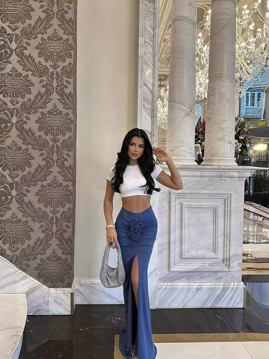 タイトスカート 立体フラワー装飾サイドスリットマキシタイトスカート