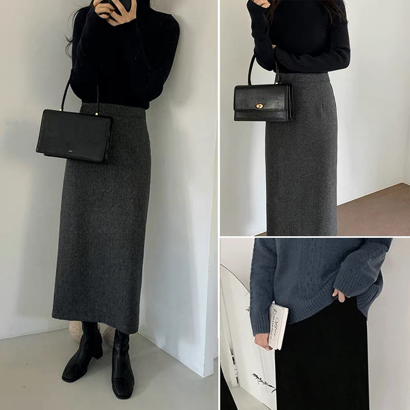 タイトスカート 上品な温かみのあるウール混ロングタイトスカート
