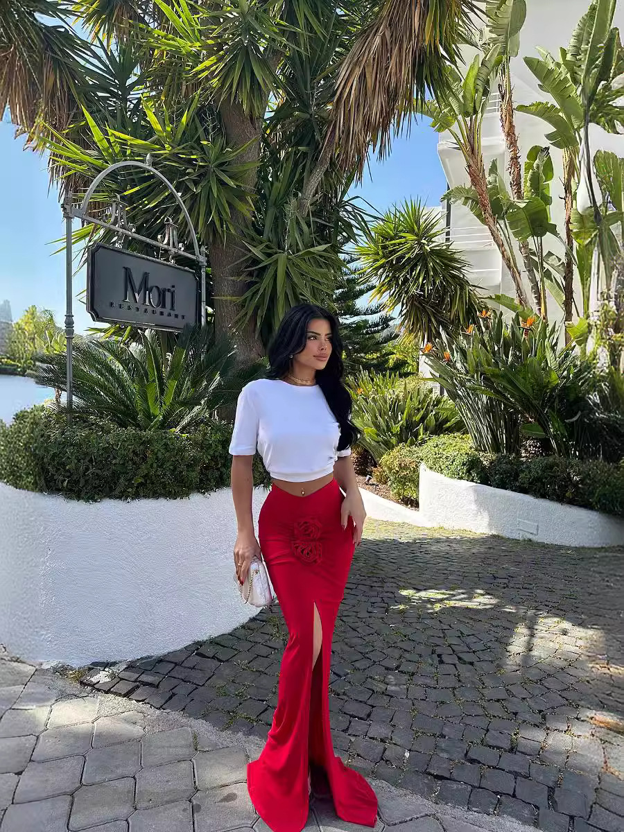 タイトスカート 立体フラワー装飾サイドスリットマキシタイトスカート