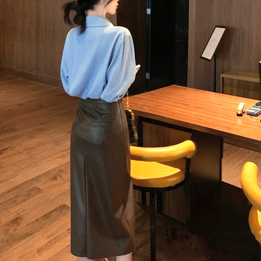 タイトスカート 韓国風合皮ロングスカート サイドスリット入り