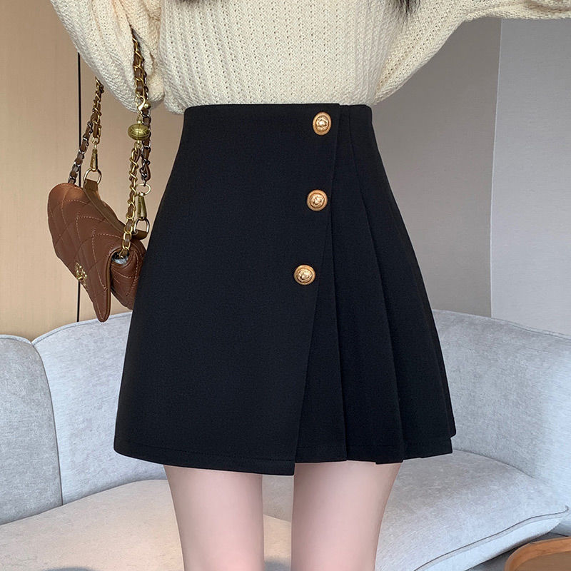 タイトスカート 金属ボタン装飾プリーツ切替えタイトミニスカート