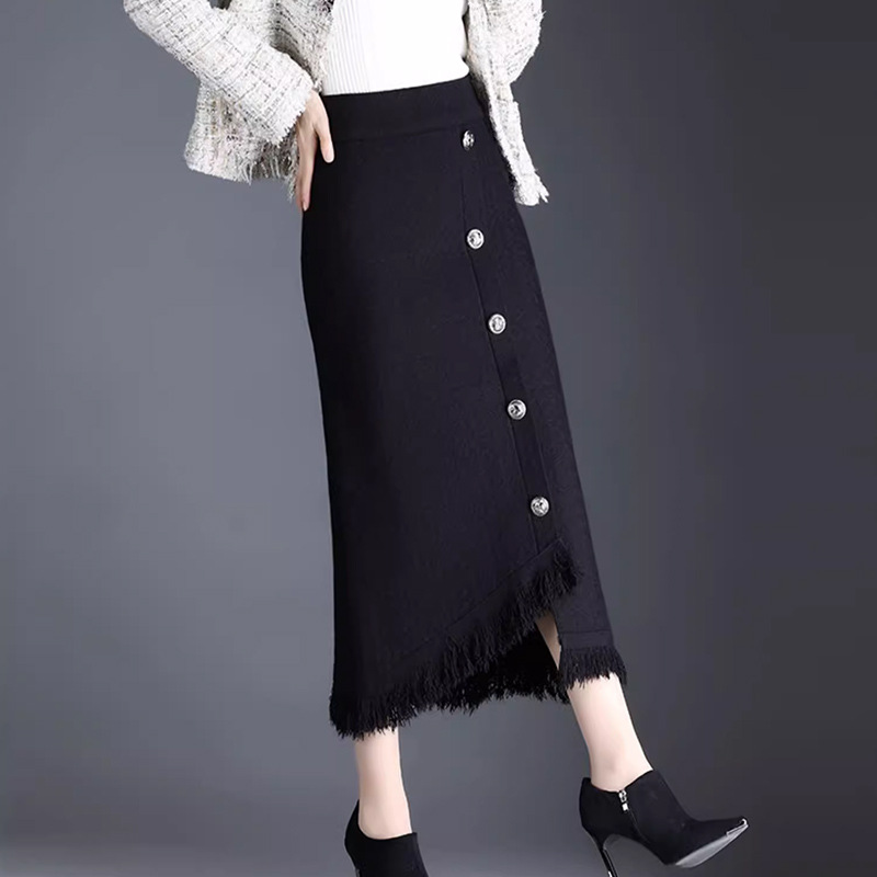 タイトスカート フリンジ裾金属ボタンタイトスカート