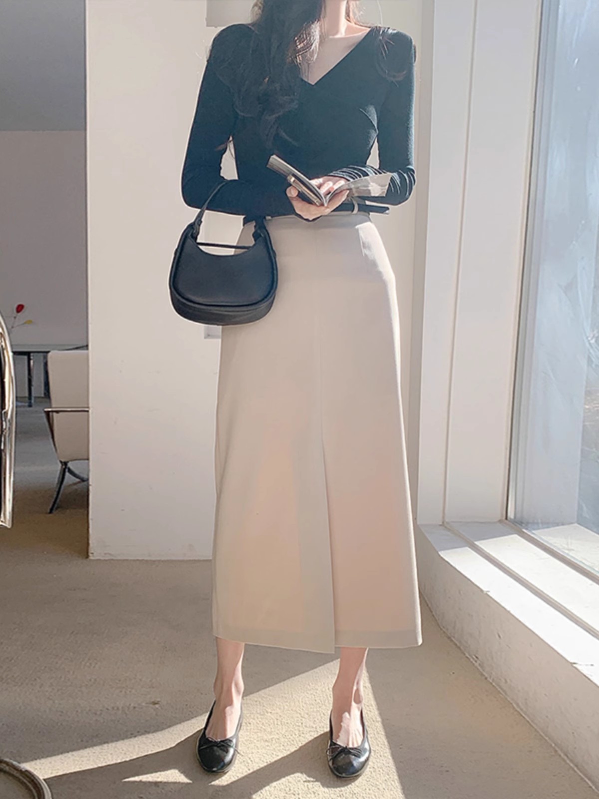 ハイウエストベルト付きタイトスカートロング丈