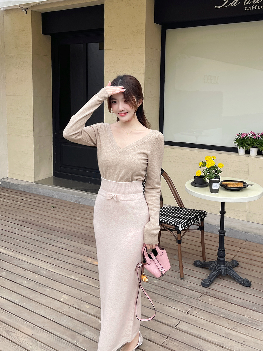 タイトスカート リボンベルト付きニットタイトスカートロング丈