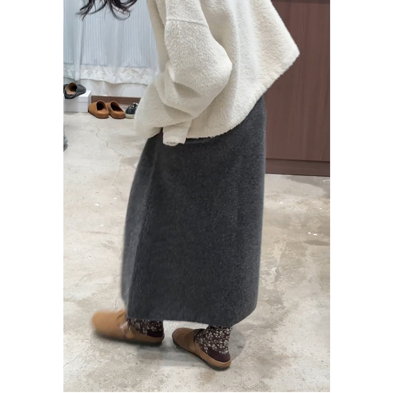 タイトスカート ウール混紡ニット素材ハイウエストロングスカート