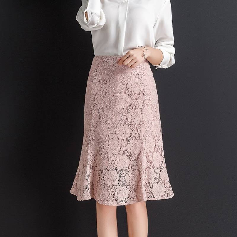 タイトスカート 総レース裾フレアマーメイドライン膝丈タイトスカート