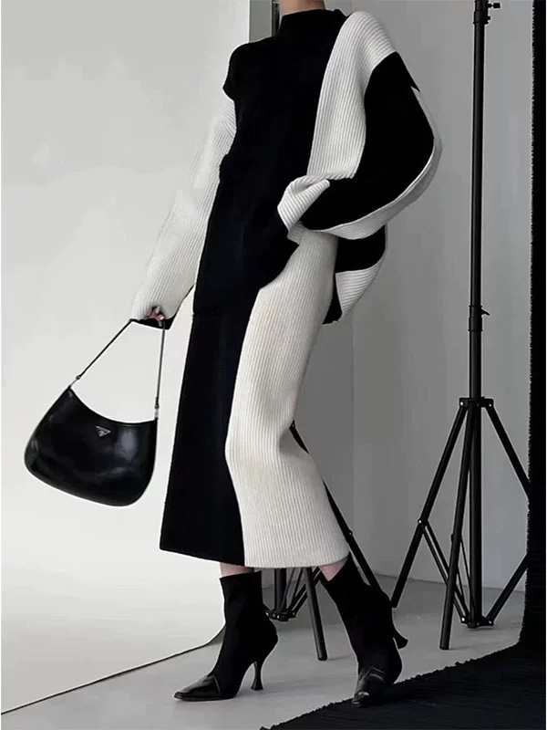 タイトスカート 配色リブニットセットアップタイトスカートロング