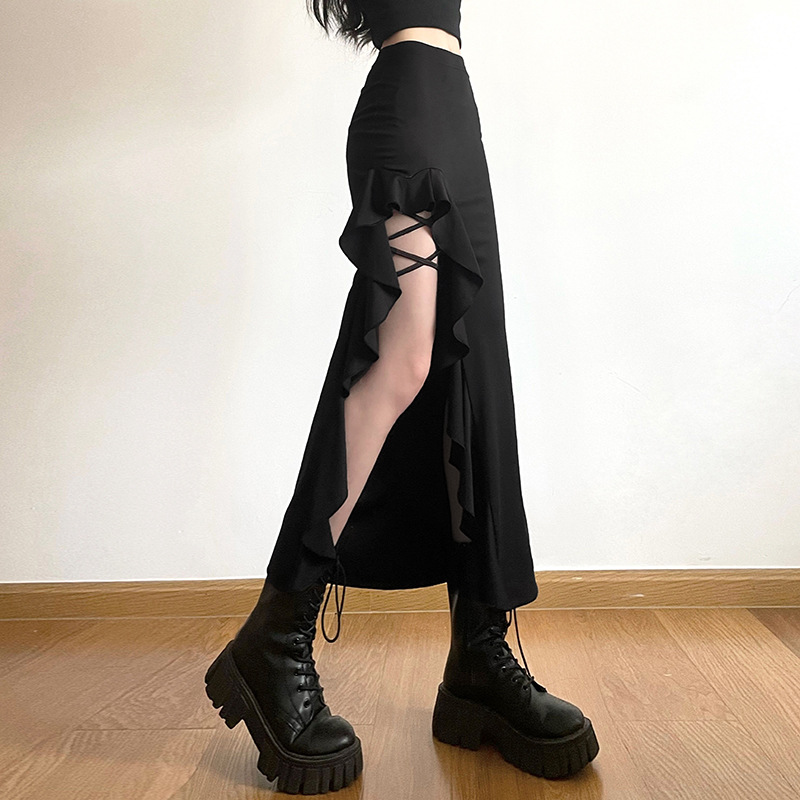 ハイウェスト ロング タイトスカート フリル スリット 黒