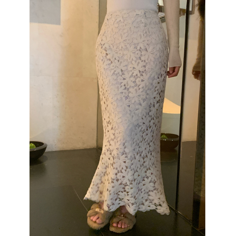 タイトスカート 総レース編み透かし模様マキシ丈タイトスカート