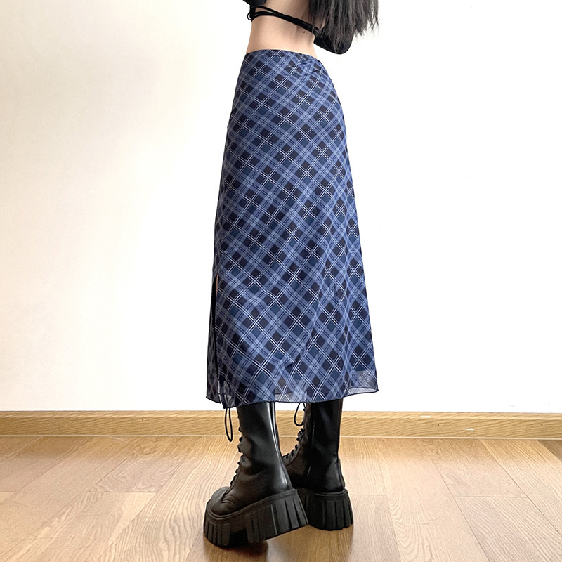 タイトスカート 斜めチェック柄シアー素材タイトロングスカート