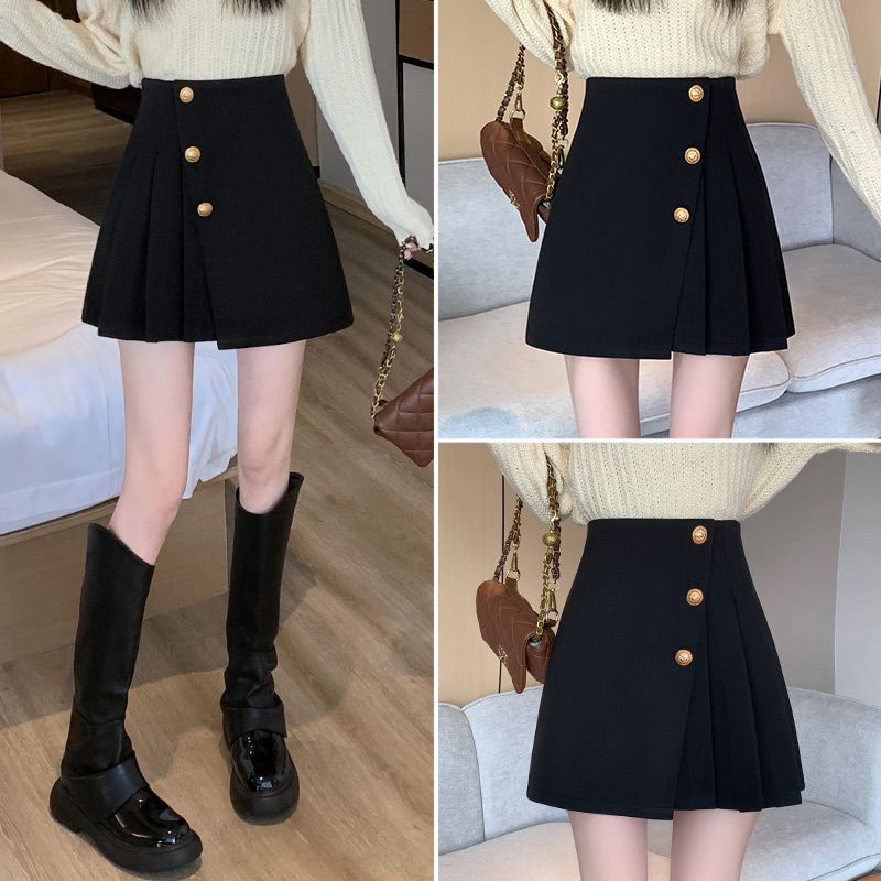 タイトスカート 金属ボタン装飾プリーツ切替えタイトミニスカート