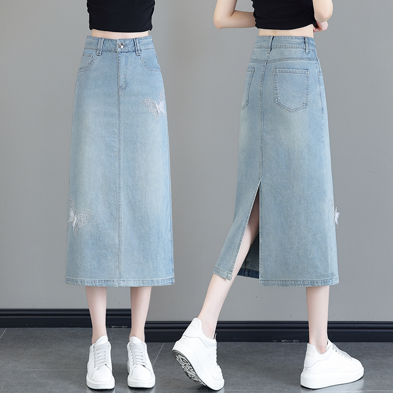 タイトスカート 刺繍入りデニム地ハイウエストタイトスカート