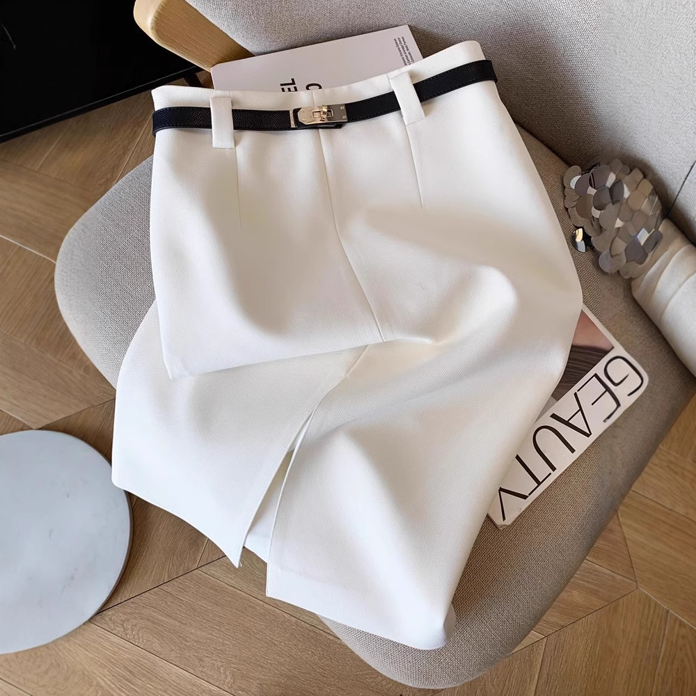 タイトスカート 金具ベルト付きラップ風前スリットタイトスカート