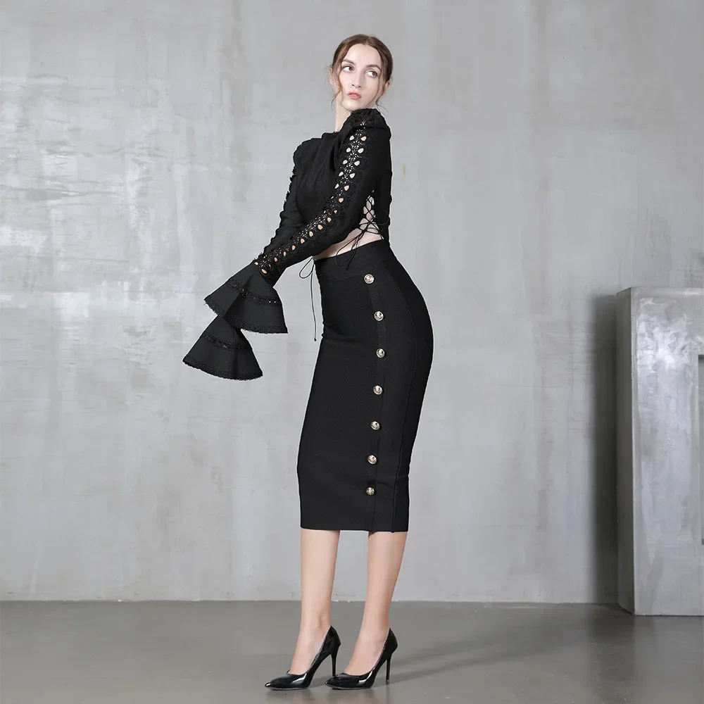 タイトスカート 装飾高腰ぴったりロング丈スカート