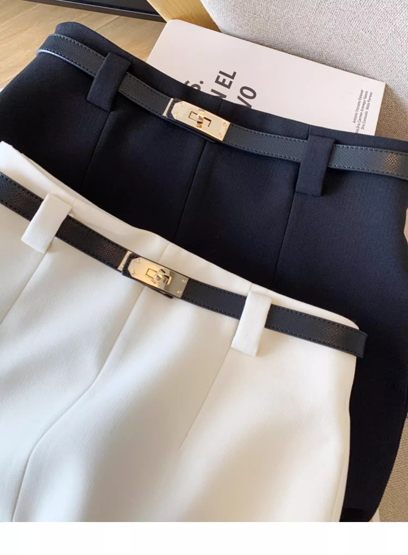 タイトスカート 金具ベルト付きラップ風前スリットタイトスカート