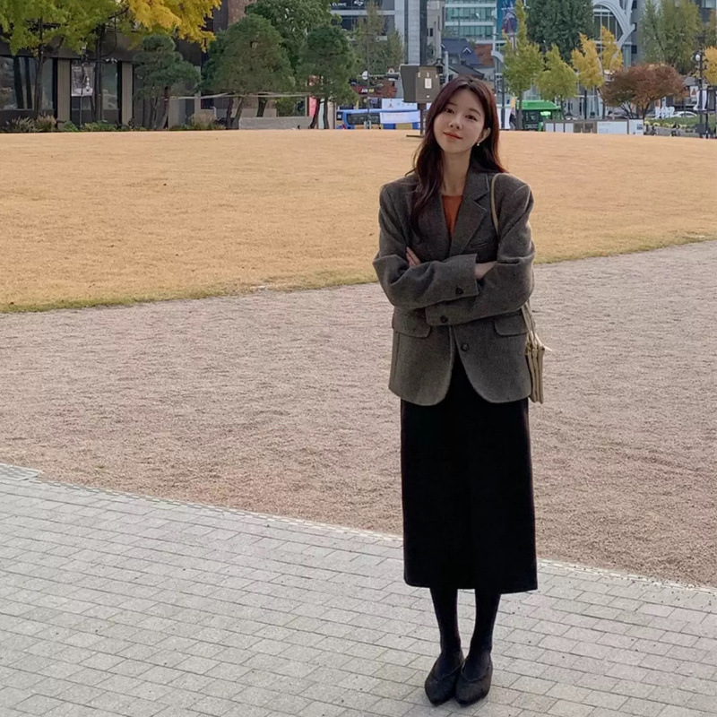 タイトスカート 上品な温かみのあるウール混ロングタイトスカート