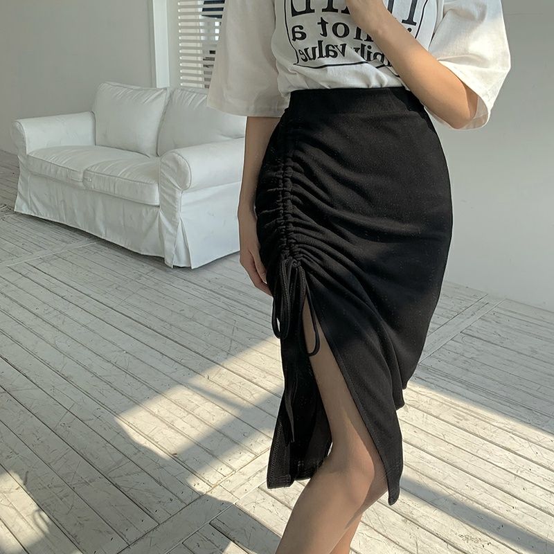 タイトスカート サイドドローストリング入りひざ丈ボディコンスカート