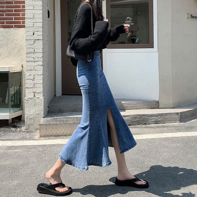 タイトスカート デニム素材マーメイドヘムタイトロングスカート