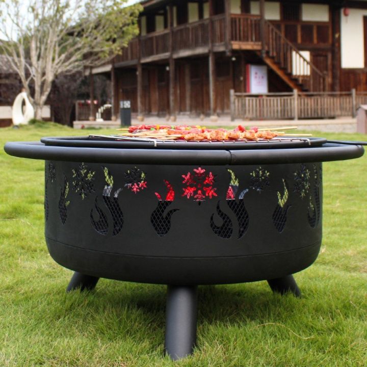 炎模様装飾付き丸型焚き火台テーブル網蓋セット