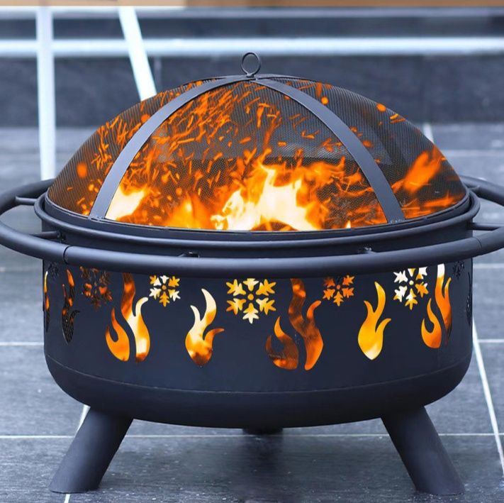 炎模様装飾付き丸型焚き火台テーブル網蓋セット