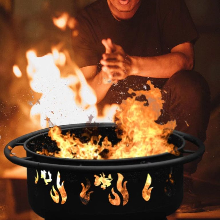 炎模様装飾付き丸型焚き火台テーブル網蓋セット