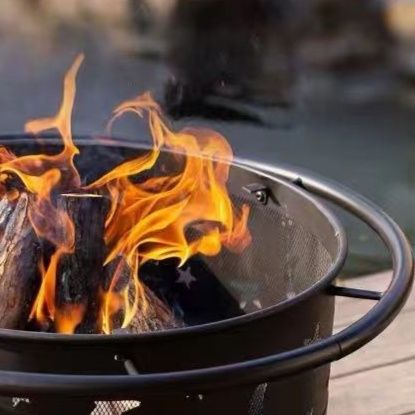 炎模様装飾付き丸型焚き火台テーブル網蓋セット