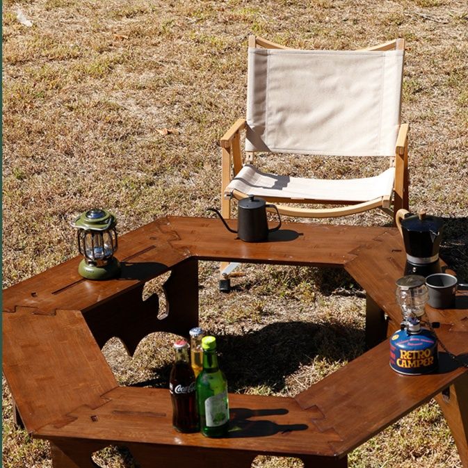 六角形木製囲炉裏式焚き火台テーブル