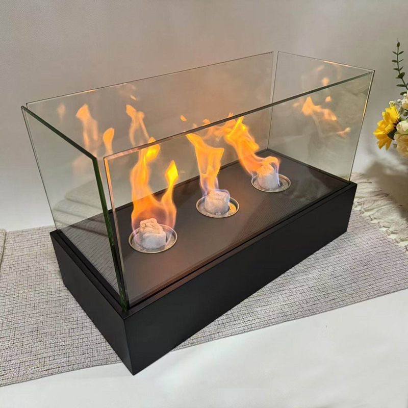 焚き火台 卓上型三連炎ガラス囲い式室内用焚き火台