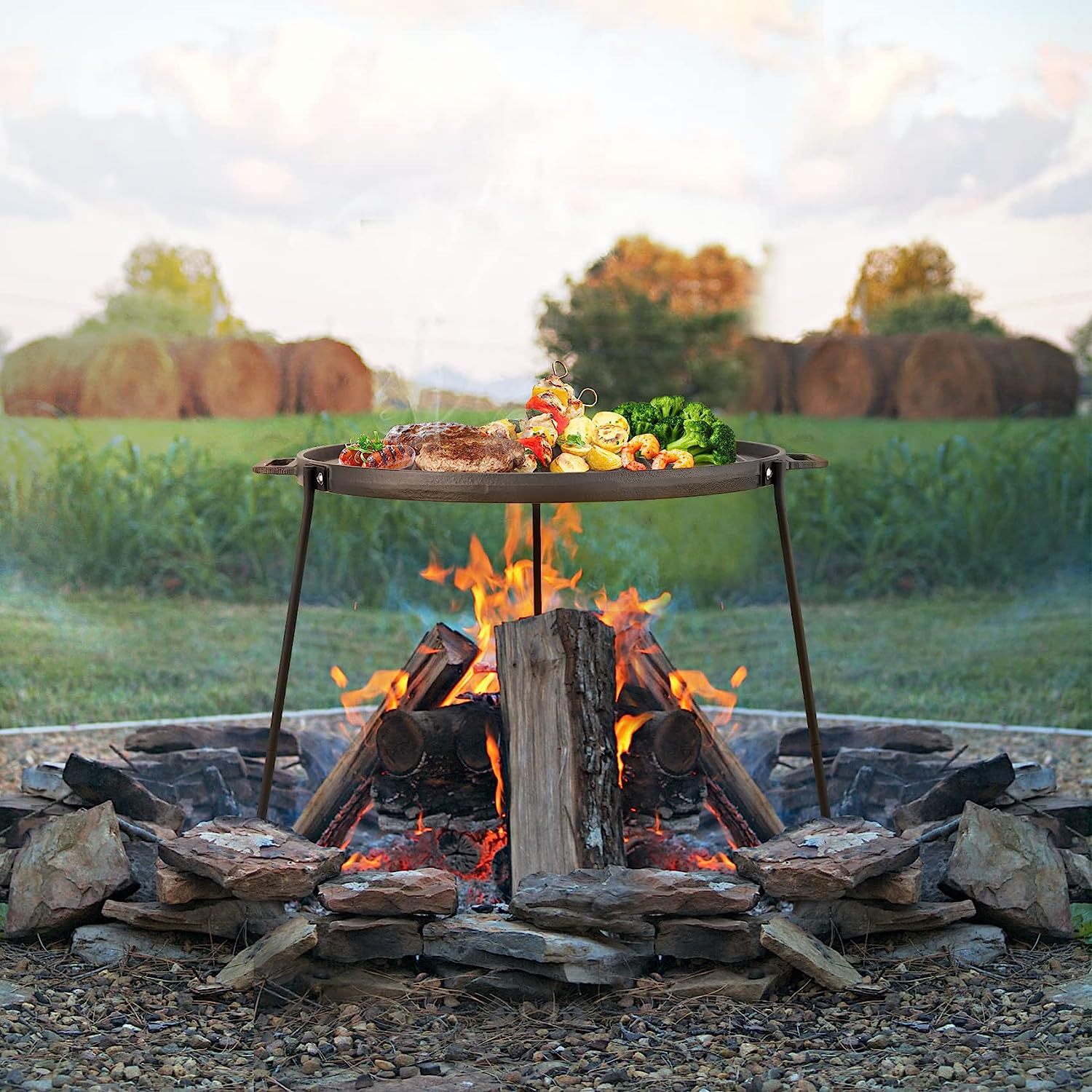 焚き火台 三脚式円形鉄板付き焚き火台 ソロ
